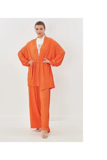 HELLODEAR Orange Seersucker Kimono Bottom-Top Set