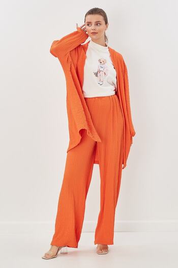 HELLODEAR Orange Seersucker Kimono Bottom-Top Set