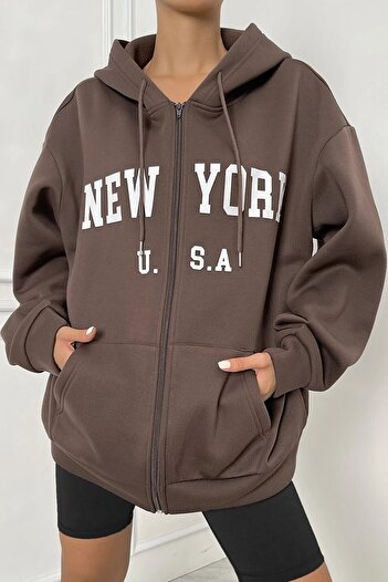 MODAGEN Unisex Brown New York Printed Oversize Ζακέτα