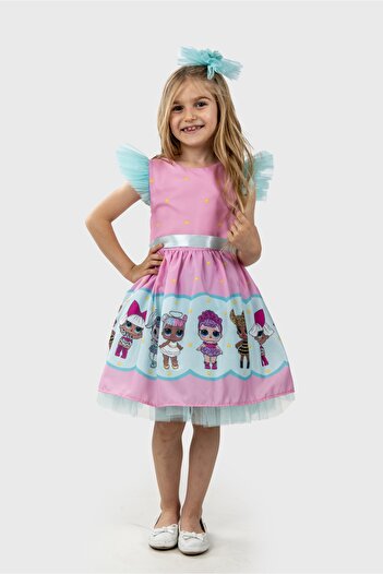 MiniBal Pembe Bebek Desenli Tül Detaylı Kız Çocuk Parti Elbisesi