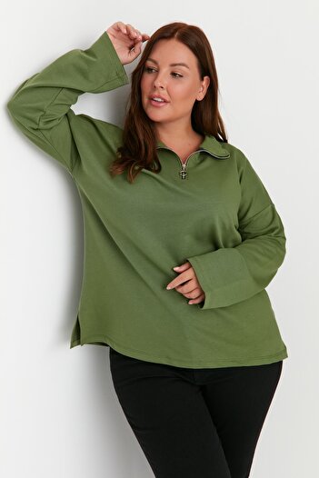 Trendyol Curve Tenká pletená mikina s khaki polo výstrihom veľkej veľkosti – zips Tbbaw23Ao00023