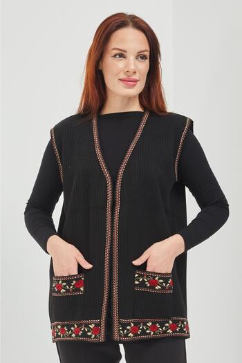 Fresh&Moda Mother Knitwear Rose Motif Black Short Pocket Vest