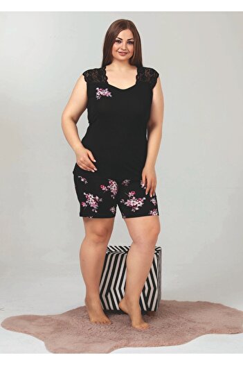quilling Black Color Big Size Lady 10359 Women's Pajama Set with Shorts