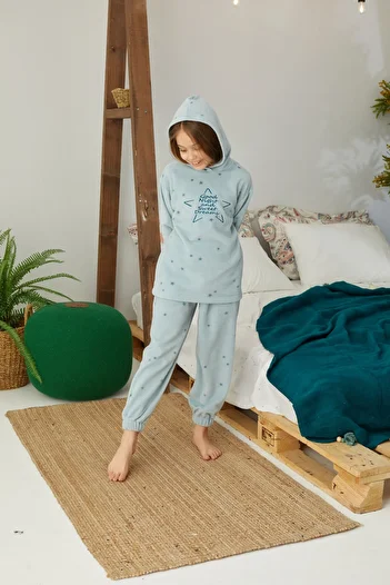 Siyah İnci Top-bottom Polar Embroidered Hooded Pajama Set