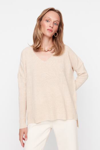 Trendyol Collection Pulover tricot cu decolteu în V, bej, cu croiala largă TWOAW23KZ01537