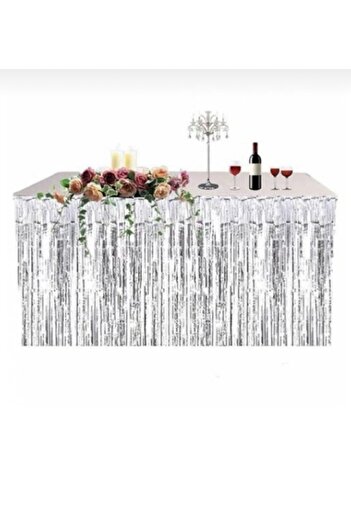 Dizayn Parti Evi Metallic Foil Tasseled Table Skirt - Silver