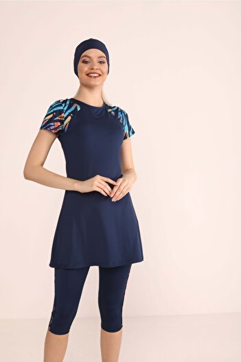 TESMAY Women's Navy Blue Short Sleeve Hijab Swimsuit with Tights and Bonnet Set Short Sleeve Swimsuit