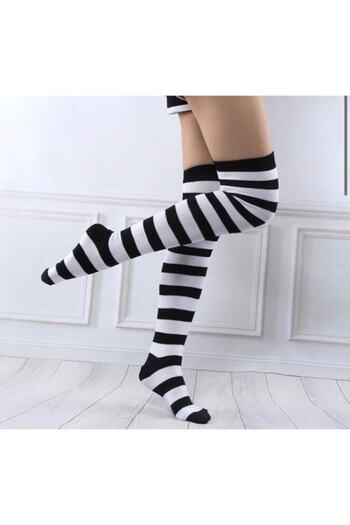 İYİ MODA Black and White Striped Knee Socks