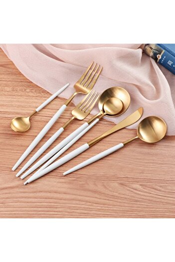 DMR LİFE Elit 60 Piece White Matte Gold Cutlery Set (No Knife)