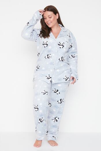 Trendyol Curve Set pijamale tricotate cu guler de cămașă albastru cu model panda - TBBAW23AI00034