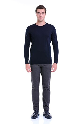 Hatemoğlu Navy Blue Comfort Fit Plain Crew Neck Woolen Sweater