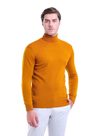 Hatemoğlu Men's Mustard Patterned Turtleneck Sweater - Regular Fit