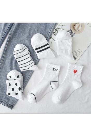 çorapmanya 6 Pairs Half Socks Striped-Unlined / White Unisex College Tennis Socks