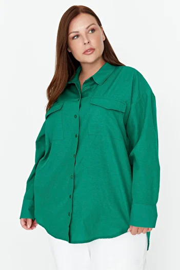 Trendyol Curve Zöld szőtt zsebes poplin ing TBBAW23AX00013
