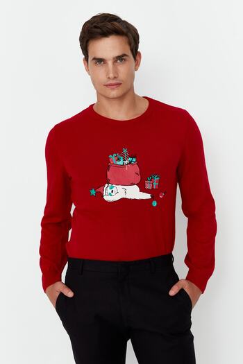 Trendyol Collection Christmas Red Slim Fit Sweater - Crew Neck TMNAW23KZ00213
