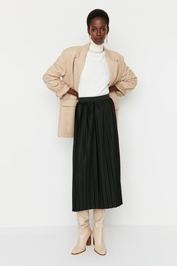 Trendyol Modest Black Pleated High Waist Woven Skirt TCTAW23EE00030