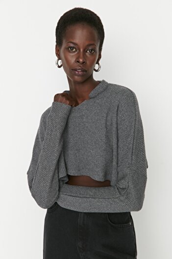 Trendyol Collection Anthracite Super Crop Long Sleeve Knitwear Look Knitted Blouse TWOAW21BZ1213