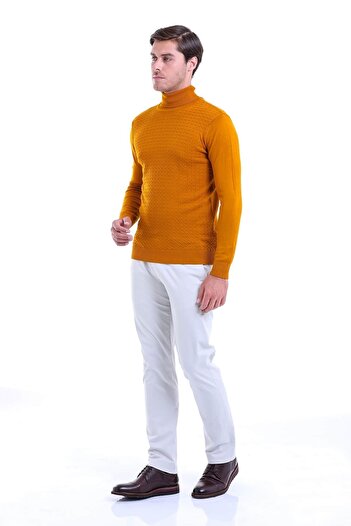 Hatemoğlu Men's Mustard Patterned Turtleneck Sweater - Regular Fit