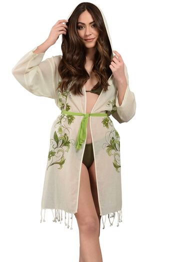 Dosimira Green Floral Pattern Hooded Short 100% Cotton Pareo / kimono / Beach Dress