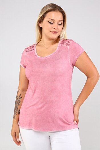 Seamoda Shoulder And Back Yoke Lace Tshirt-pink