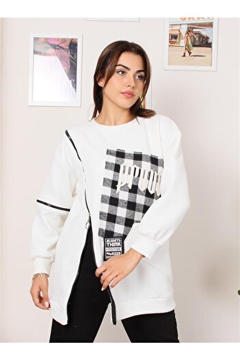 Settimo -Lsk Bottom Top Set White Crew Neck Embroidery Detailed Plaid Tunic