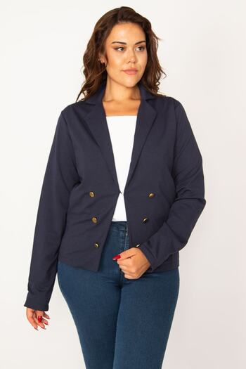 Şans Women's Large Size Navy Blue Agraffiti Closure Ornamental Metal Button Lined Classic Jacket 65n34066