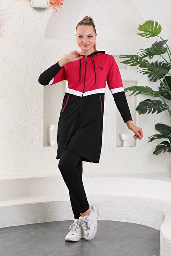 WestBound Red Black Hijab Clothing Long Tracksuit Set 3 Colors Striped Pocket Hooded