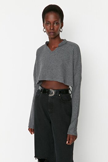Trendyol Collection Anthracite Super Crop Long Sleeve Knitwear Look Knitted Blouse TWOAW21BZ1213