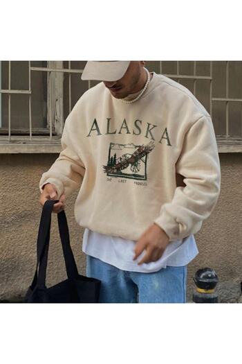 Benisengiydir Men's Beige Alaska Printed Oversize Crew Neck Sweatshirt