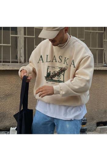 Benisengiydir Men's Beige Alaska Printed Oversize Crew Neck Sweatshirt