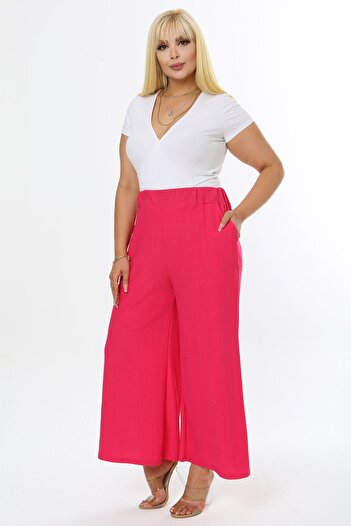 Mooi XXL Women's Fuchsia Wide Leg Stretchy Wrinkled Fabric Trousers