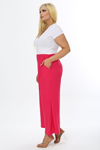 Mooi XXL Women's Fuchsia Wide Leg Stretchy Wrinkled Fabric Trousers