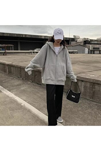 Gofeel Gri Oversize Unisex Fermuarlı Kapşonlu Hırka