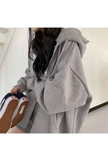 Gofeel Gri Oversize Unisex Fermuarlı Kapşonlu Hırka