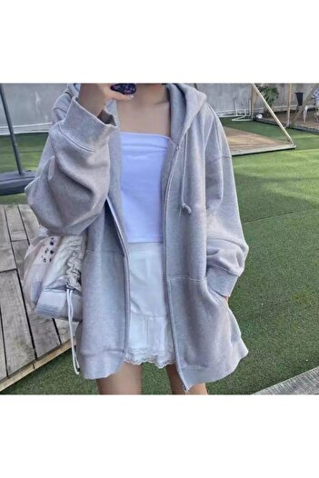 Gofeel Gri Oversize Unisex Fermuarlı Kapşonlu Hırka