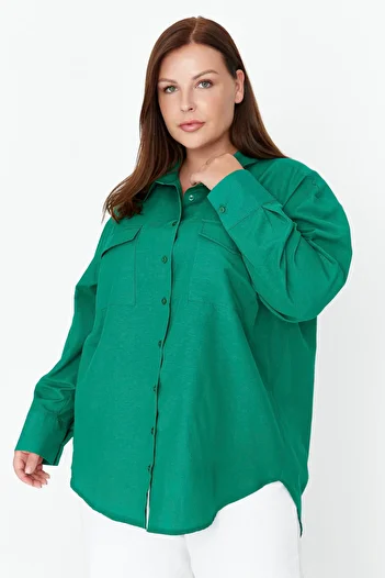 Trendyol Curve Zöld szőtt zsebes poplin ing TBBAW23AX00013