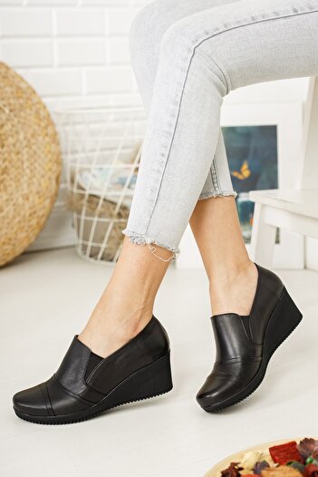 Deripabuc Genuine Leather Black Women's Leather Wedge Heeled Leather Shoes Crz-0106