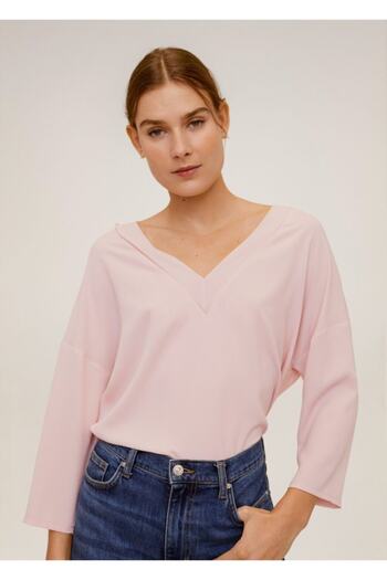 MANGO Woman Women's Pink V-Neck T-Shirt 67082523
