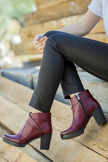 Deripabuc Genuine Leather Claret Red Women's Heeled Leather Boots Trc-3771