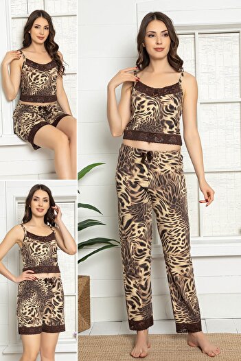 MyBen Women's Leopard Patterned Lace Detailed Pajama Set with Shorts 3 Piece Set 75031