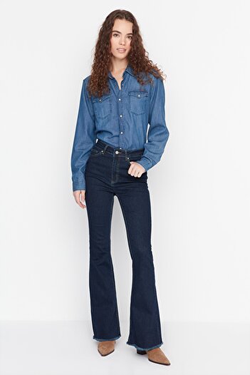 Trendyol Collection Blugi evazați cu decupaj albastru închis cu talie înaltă TWOAW23JE00183