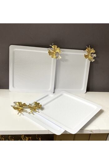Elzem 4 Piece White Color Square Presentation Tray Dot Patterned Butterfly Model Lux
