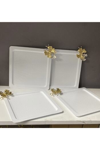 Elzem 4 Piece White Color Square Presentation Tray Dot Patterned Butterfly Model Lux