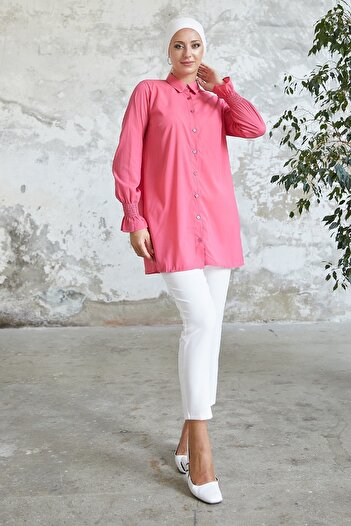 InStyle Reya Sleeve Shirred Shirt - Fuchsia