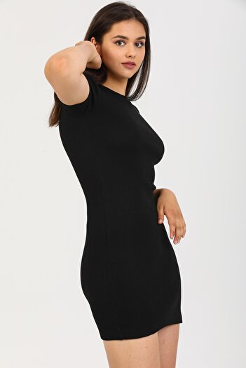 PHIL HILL Women's Black Camisole Crew Neck Short Sleeve Ribbed Mini Dress