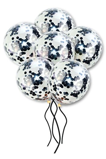 Huzur Party Store 20 Pieces 30 cm Black Metallic Sequin Balloon Set - Transparent Confetti