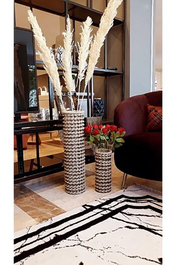 Egindra Special Design - Μεταλλικό Σύρμα και Ψάθινο Πλεκτό Βάζο Pampas 30 και 60 cm Σετ των 2