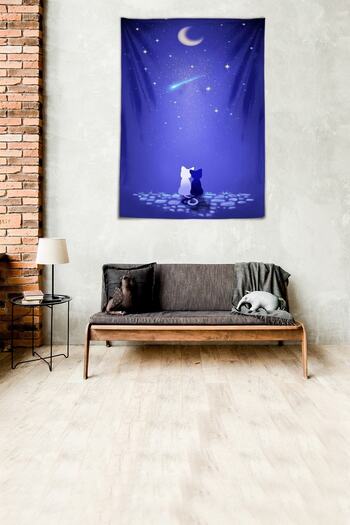 on the clouds Cat Moon Patterned Washable Stain Resistant Micropetek Fabric Wall Cloth Wall Carpet Tapestry