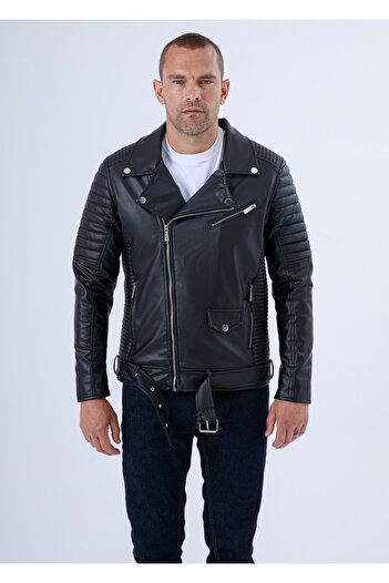 Gavazzi Men's Black Leather and Fur Inside Water and Windproof Mono Collar Double Breasted Leather Jacket