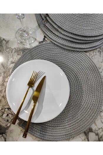 GörSeç Placemat Runner Placemat 6 Pieces Gray Leather Detailed Cord Placemat Knitted Dowry Plate Coasters Fireproof